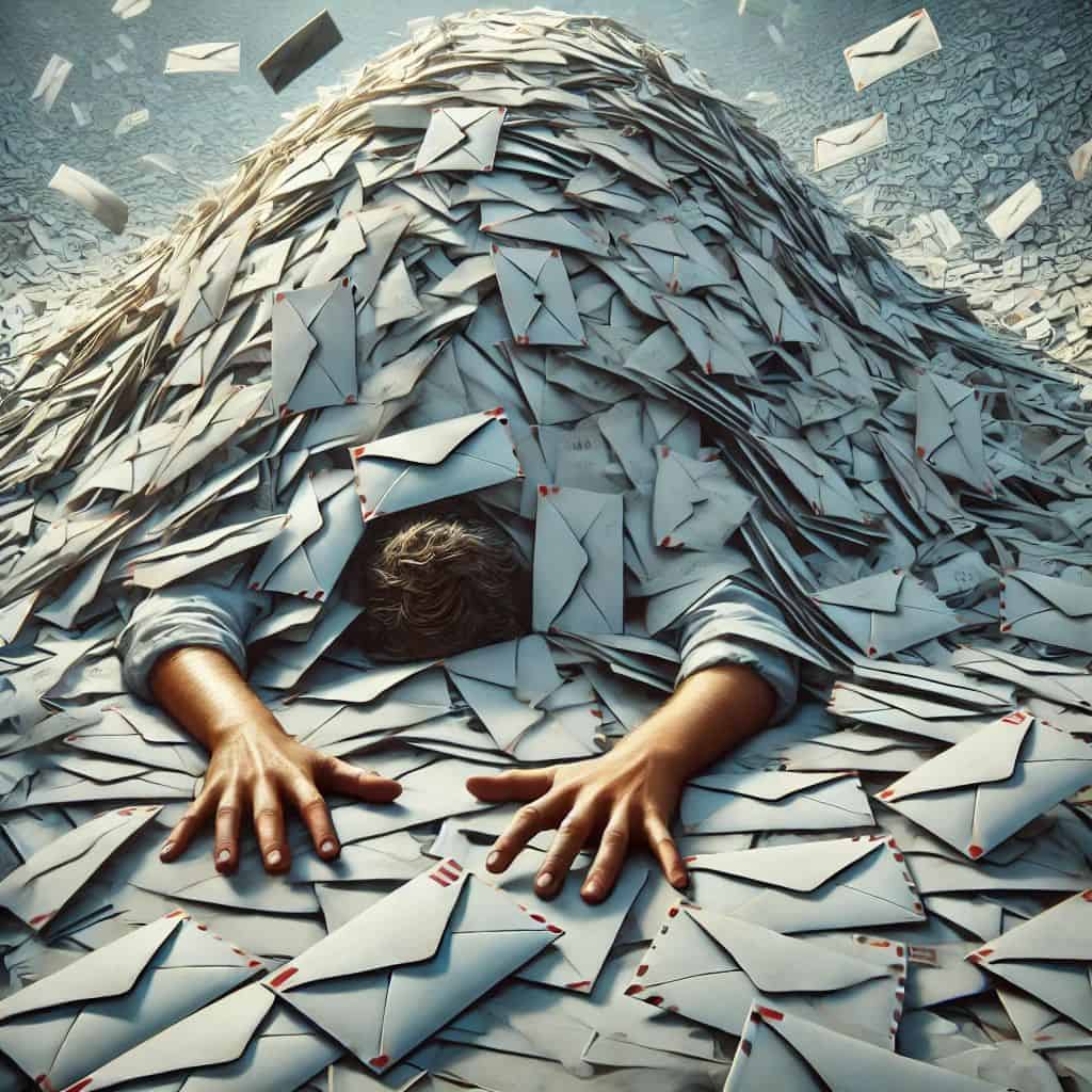 Person overwhelmed by a large pile of envelopes, with hands visible reaching out from underneath.