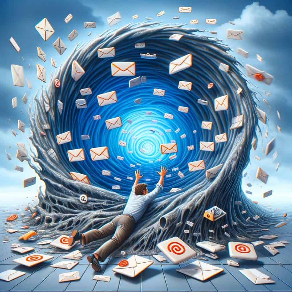 A person is being pulled into a swirling vortex of flying emails, symbolizing email overload or chaos.