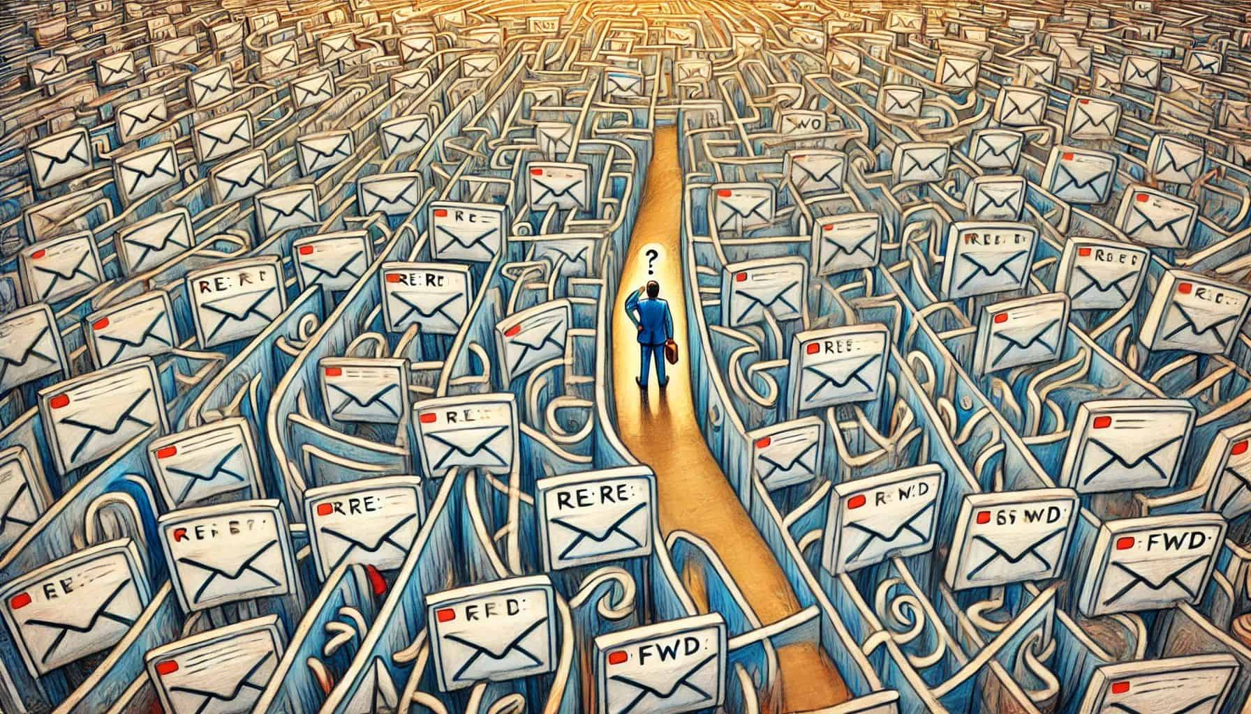 Person in a suit standing on a path surrounded by a maze of oversized emails labeled "RE:" and "FWD:", symbolizing information overload.