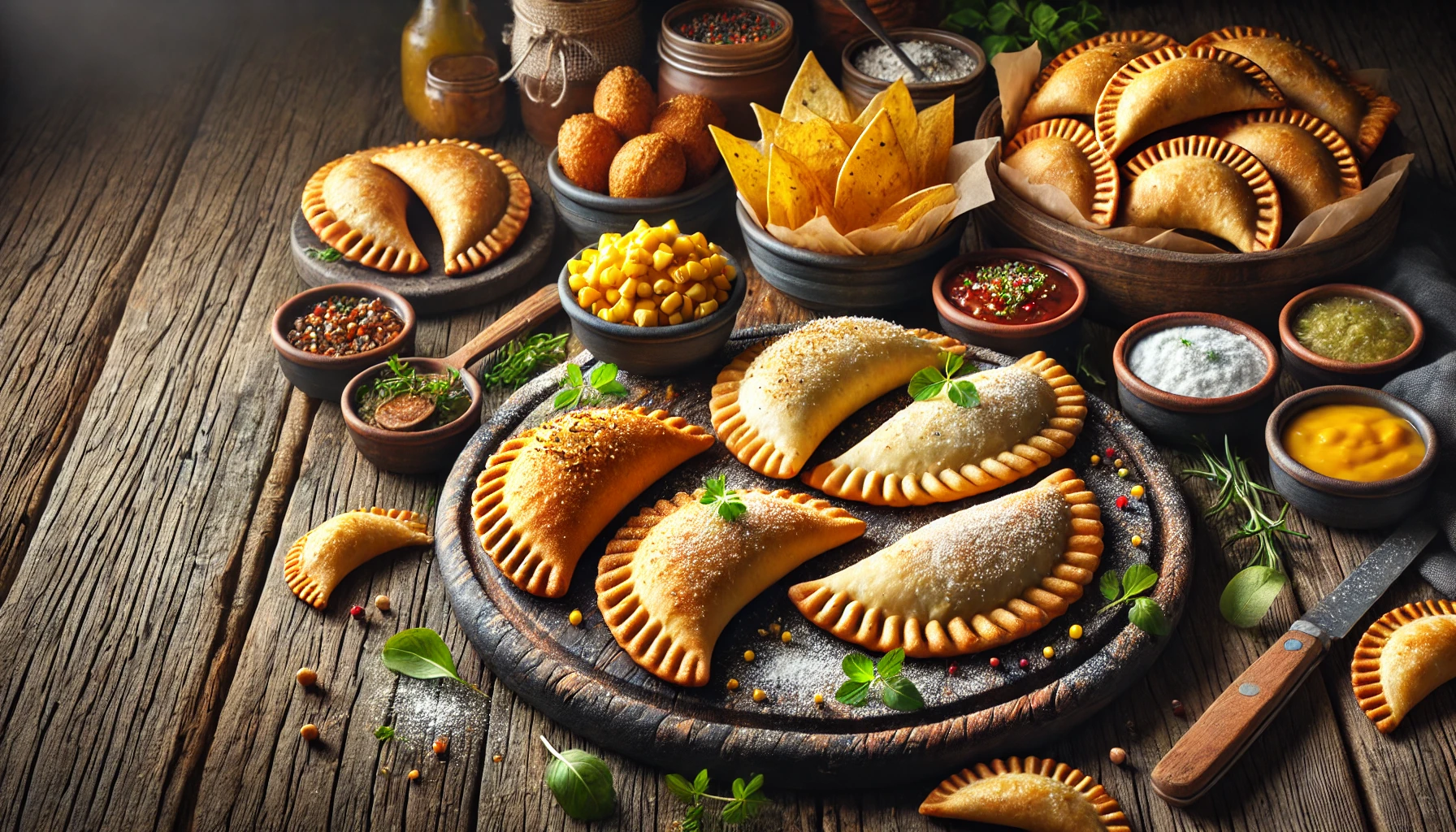 Assorted empanadas on a rustic wooden table with sauces, corn, and herbs. Baskets of chips and bread in the background.