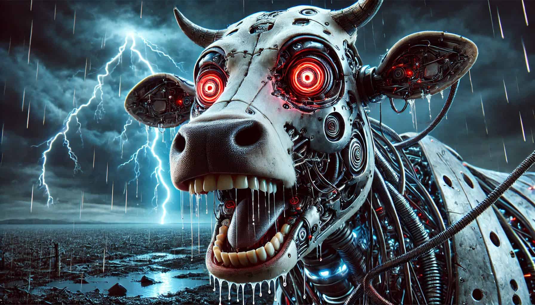 A robotic cow with glowing red eyes stands in a stormy landscape with lightning. Its mouth is open, revealing mechanical parts.