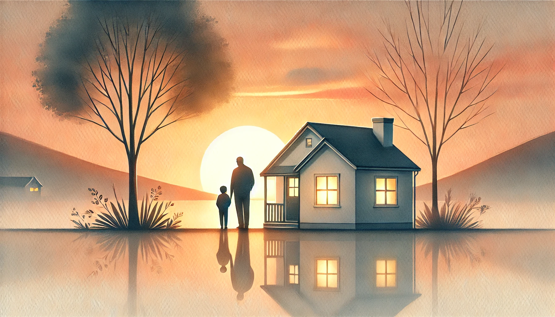 A silhouette of an adult and child standing by a house near a reflective body of water at sunset, with two trees and distant hills under a colorful sky.