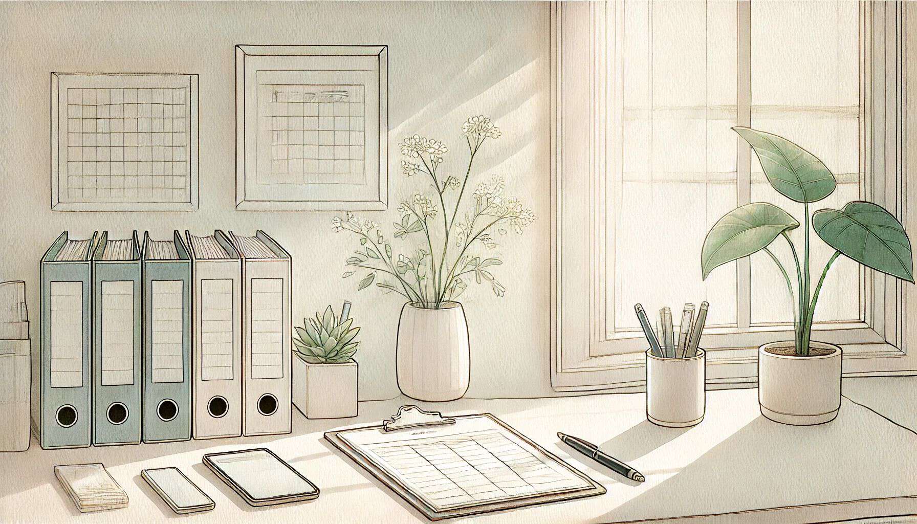 A tidy desk by a window with binders, a clipboard, potted plants, pens in a container, and a smartphone. Sunlight streams through the window, casting shadows across the surface.