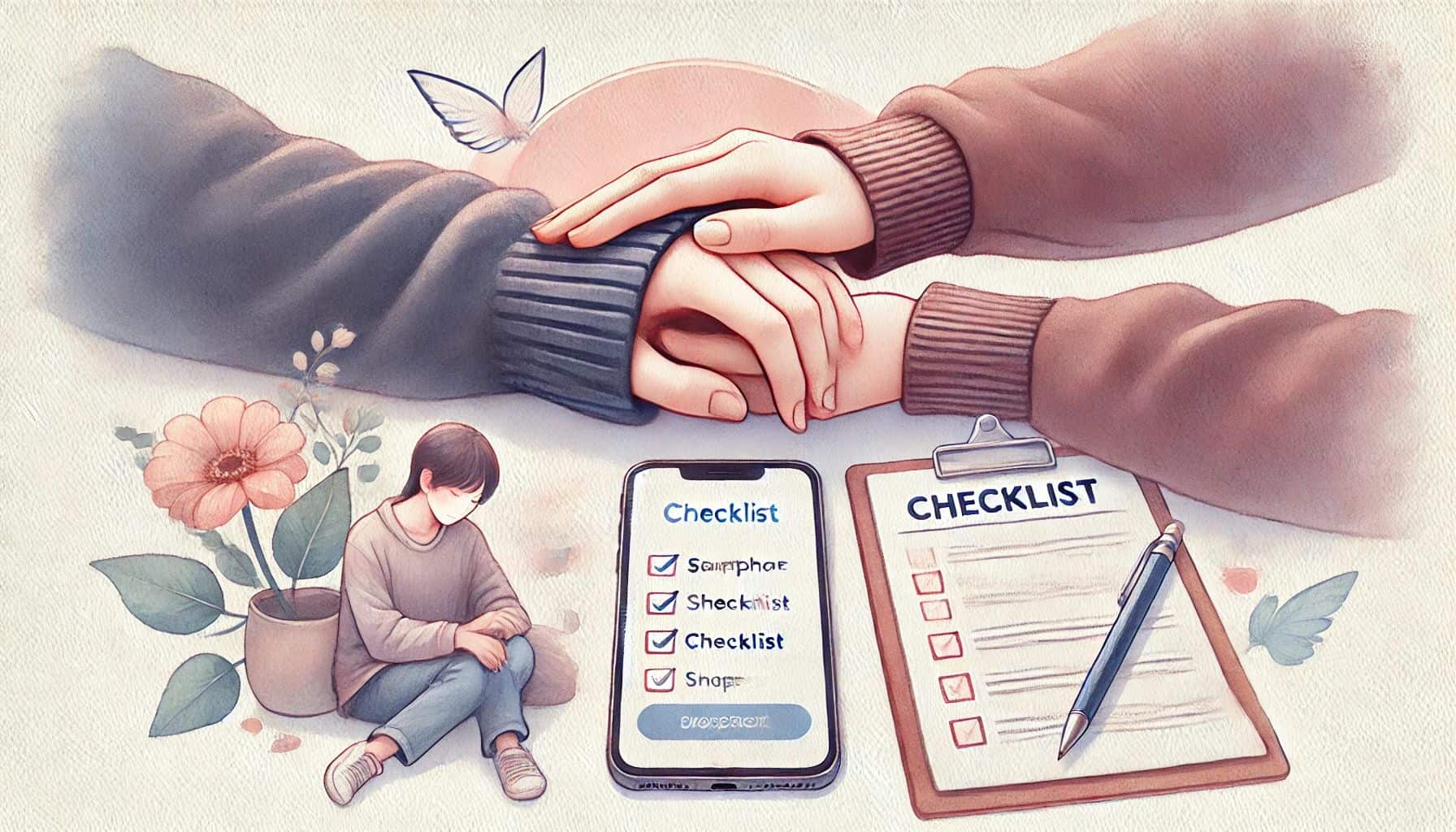 Illustration of two people holding hands, an oversized smartphone and checklist, and a small person sitting with a flower and plant nearby.