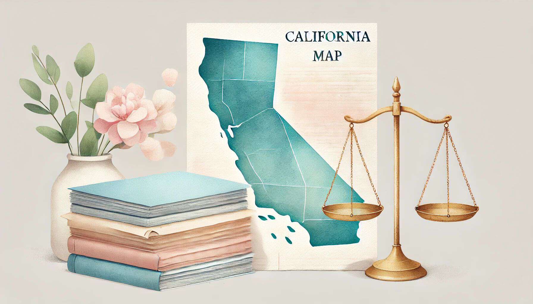 Illustration of a California map, a stack of books, a vase with flowers, and a scale of justice.